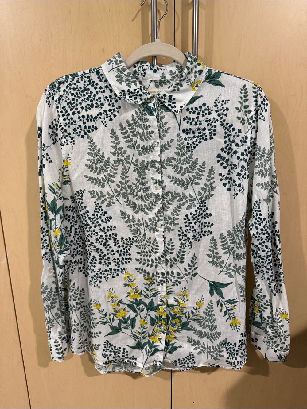 Cynthia Rowley White Button-Down Shirt with Green & Yellow Floral Print